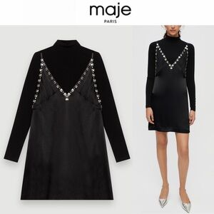Maje Black Satin Dress Jeweled Straps Black Long Sleeve FR 40 NWT 530$